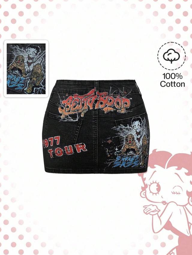 betty boop vintage tiger print black denim mini skirt