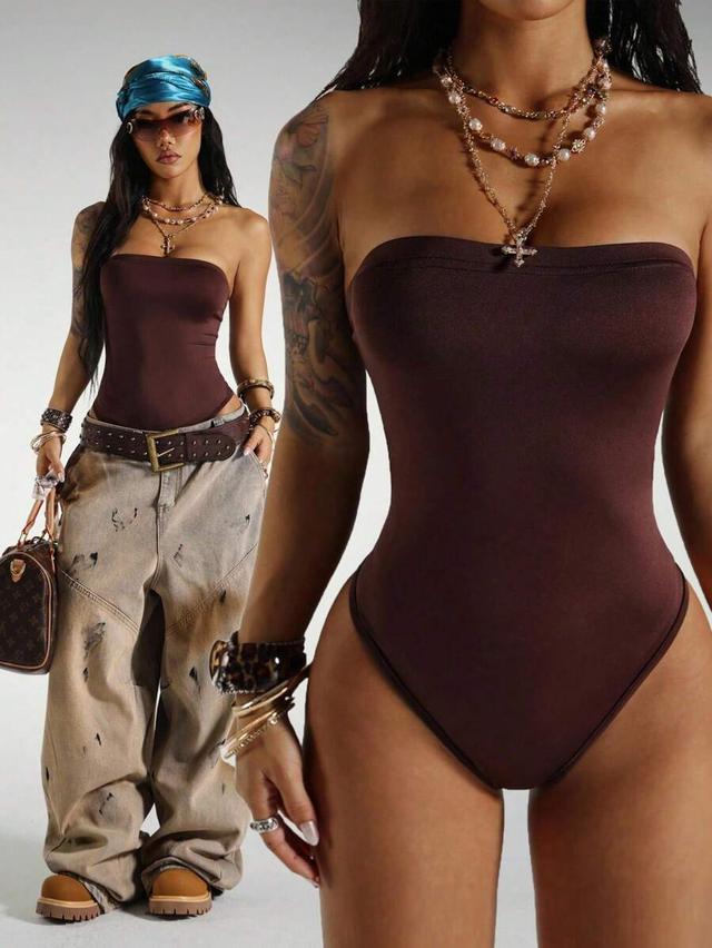 brown strapless sleeveless bodysuit