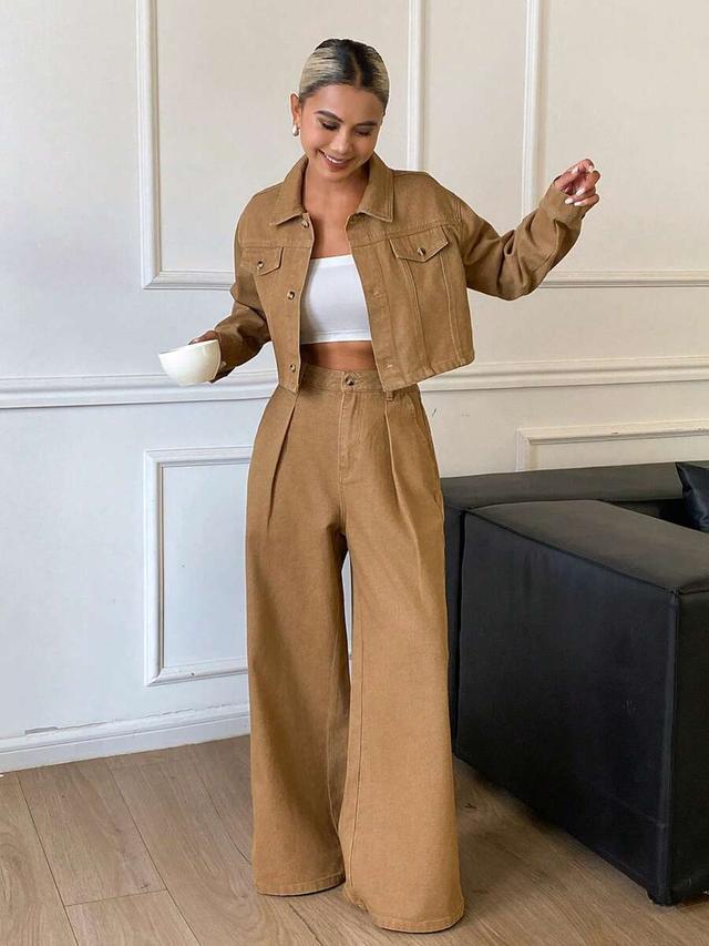 khaki denim cropped jacket and wide leg pleated trousers