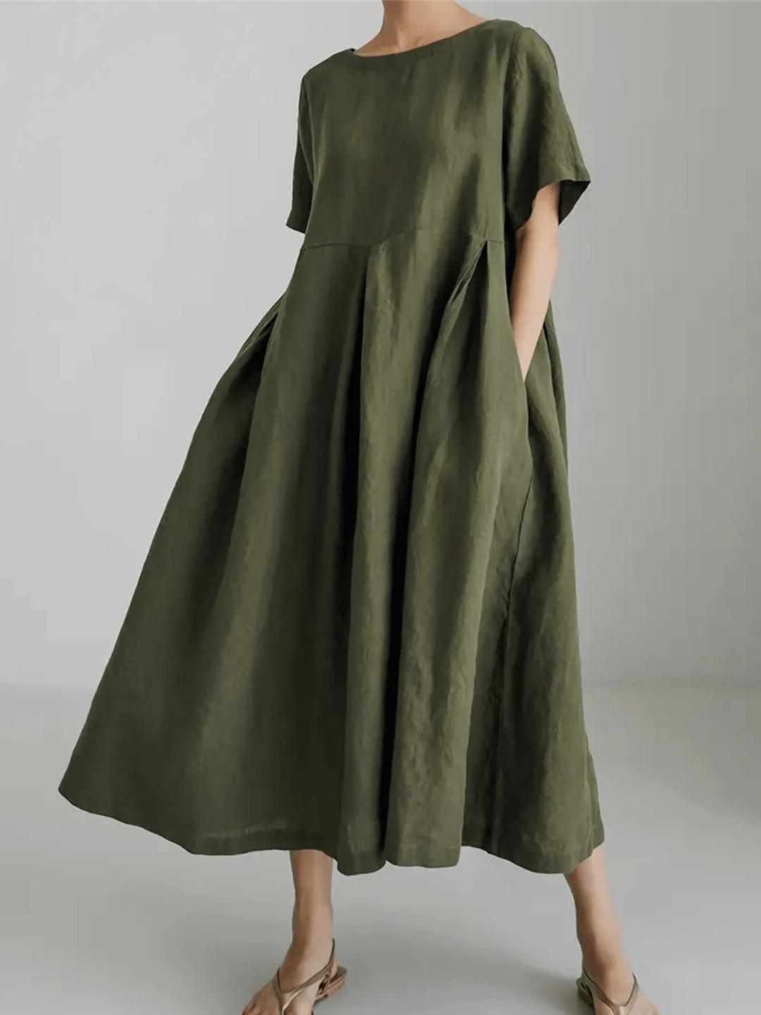 women's elegant loose olive green linen midi dress