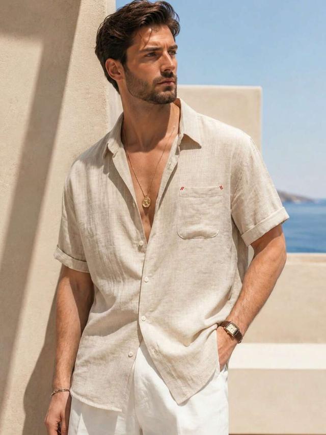 beige faux linen short sleeve button-up shirt