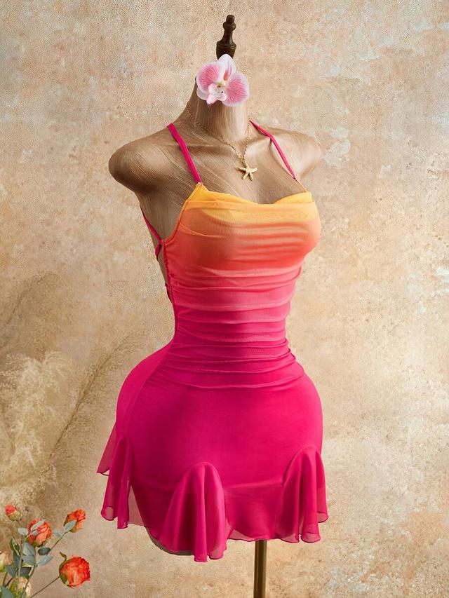 hot pink gradient backless strapless ruffle hem dress