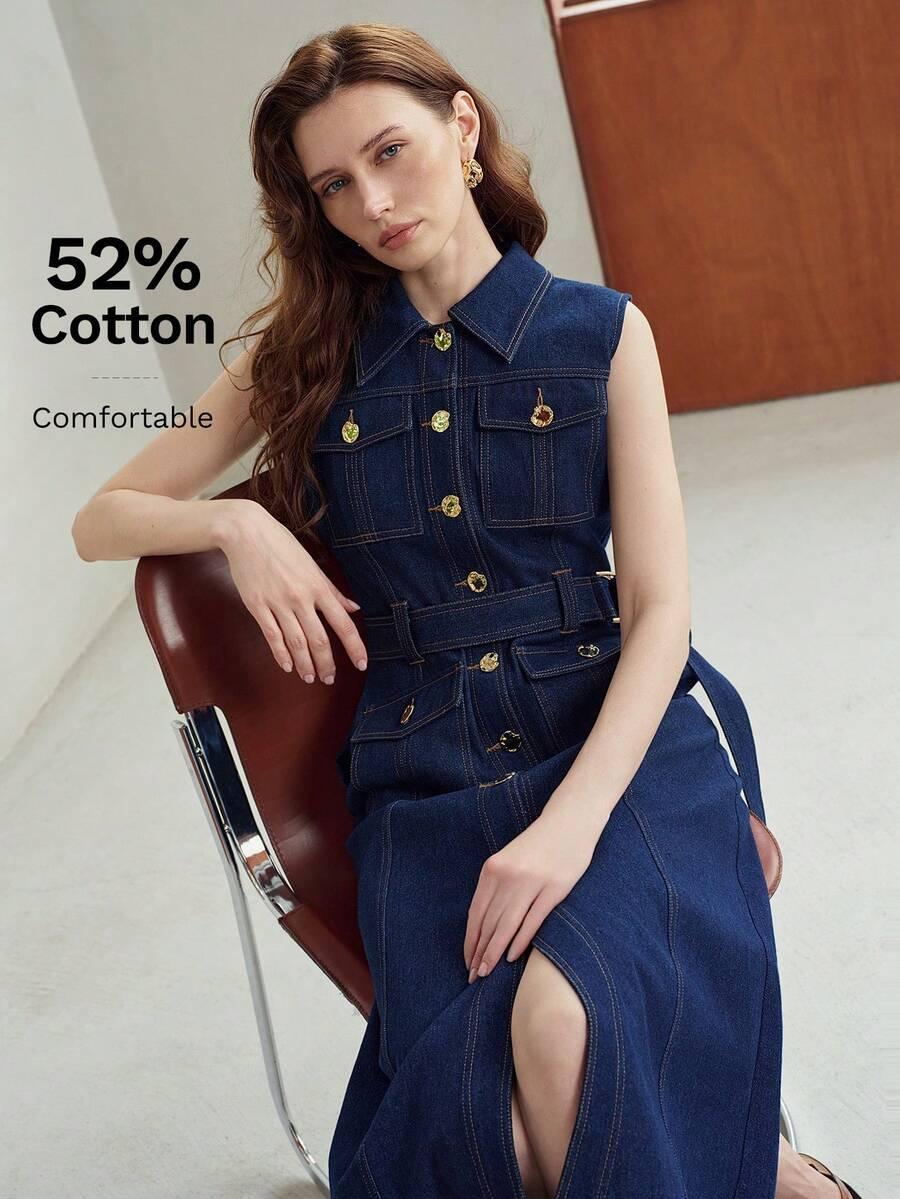 sleeveless denim dress with flap pockets and belt