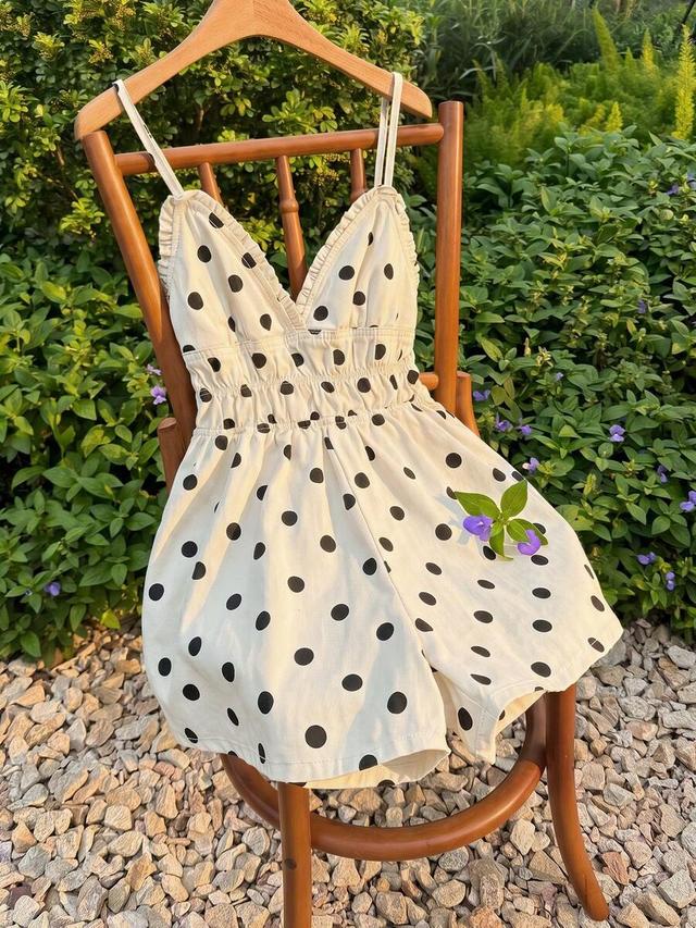 polka dot print frill trim spaghetti strap denim romper