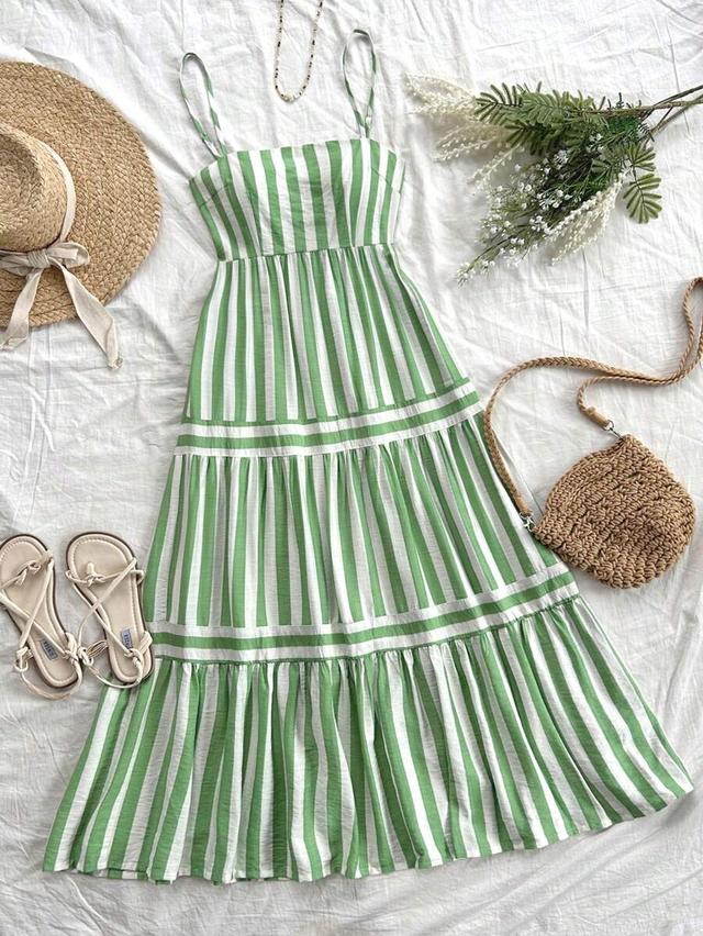 green and white striped a-line camisole dress