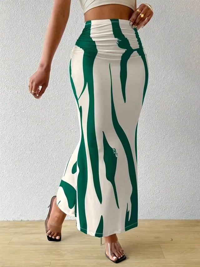 high waist green and white abstract print fishtail skirt