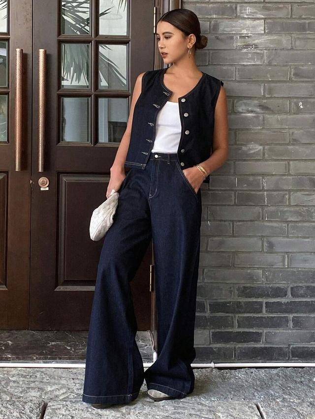 dark wash denim vest and wide leg pants set