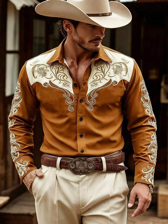 men's vintage floral print western long sleeve shirt