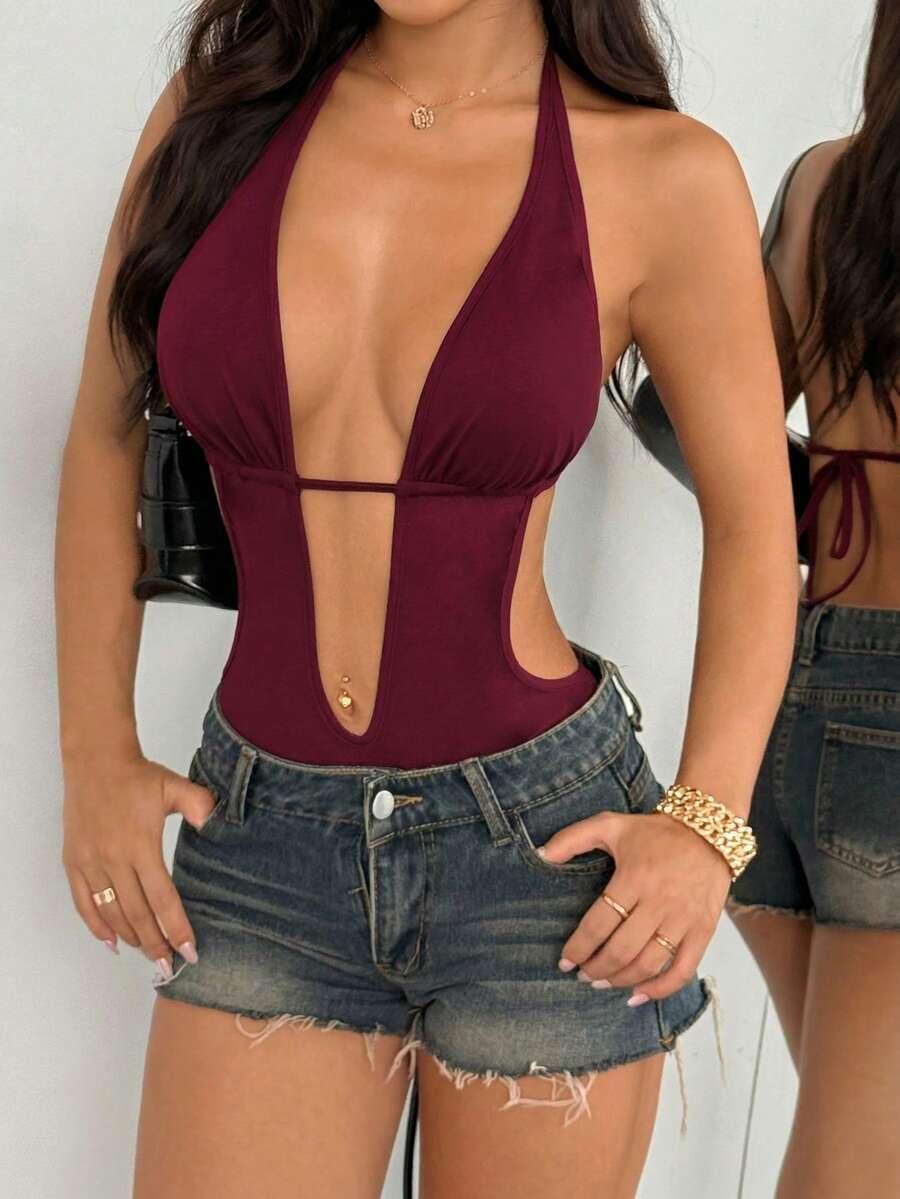 egrlera deep v backless halter neck bodysuit
