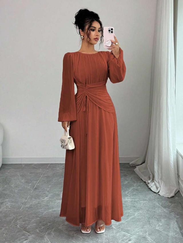 rust brown long sleeve ruched drawstring maxi dress