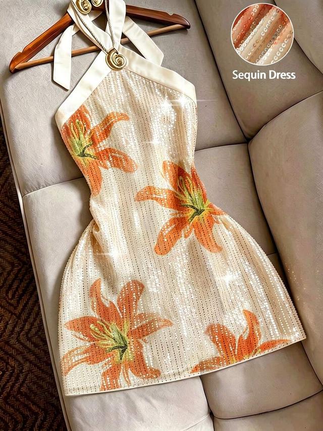 ivory halter neck mini dress with orange floral sequins