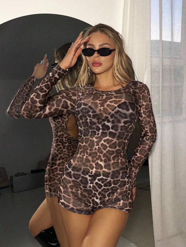 leopard print sheer mesh long sleeve bodysuit