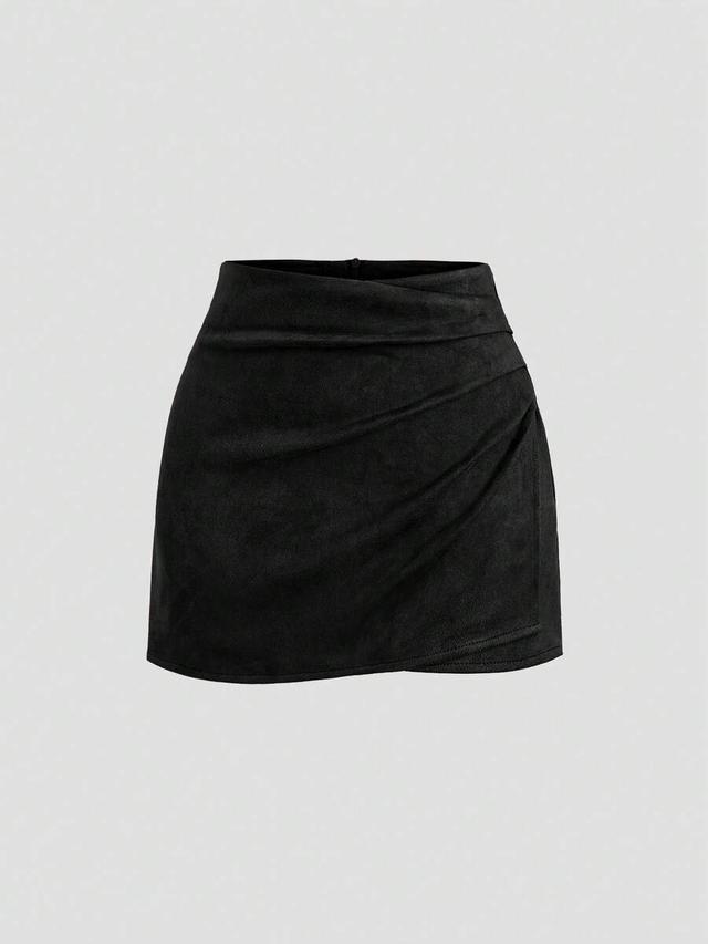 black faux suede pleated bodycon mini skirt