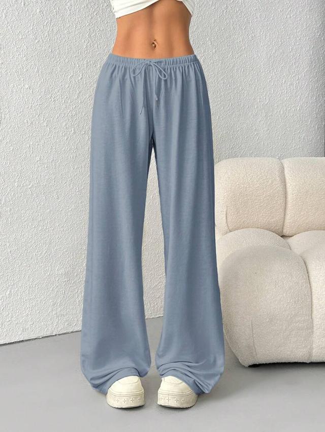 solid blue waist tie wide leg casual sweatpants