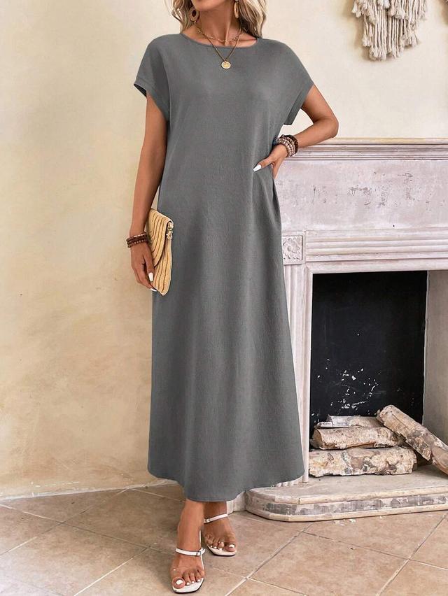solid color round neck batwing sleeve casual long dress