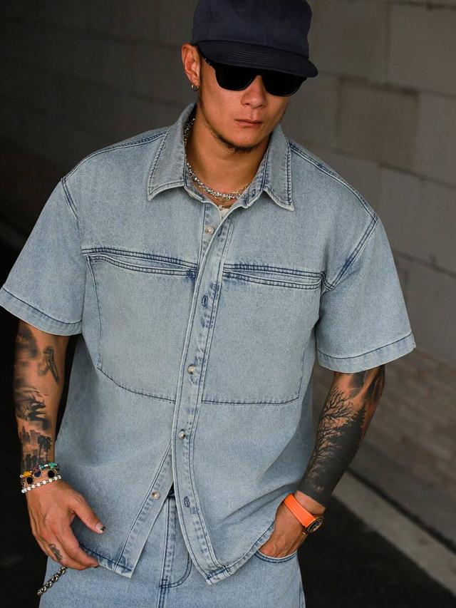 washed light blue denim short sleeve button up shirt