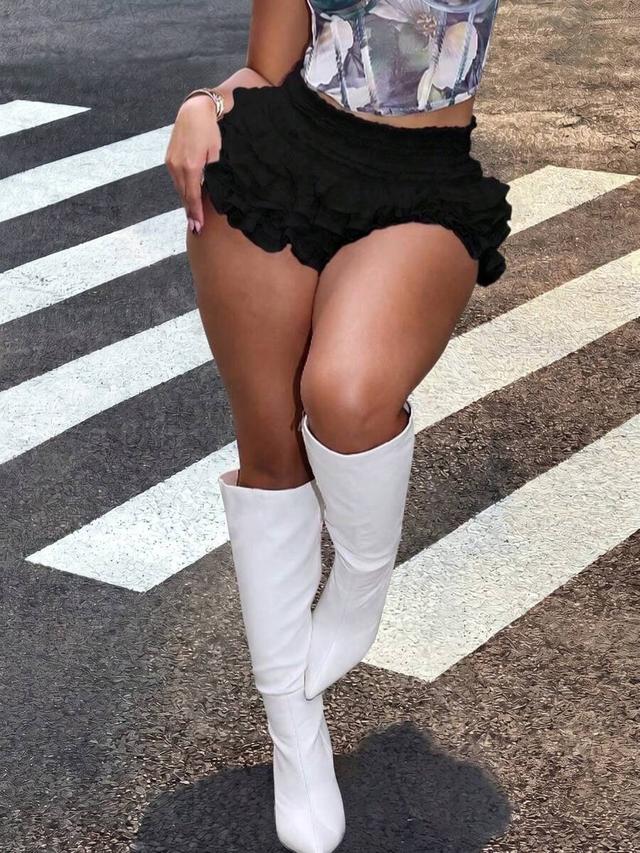 solid black ruffled mini skirt shorts
