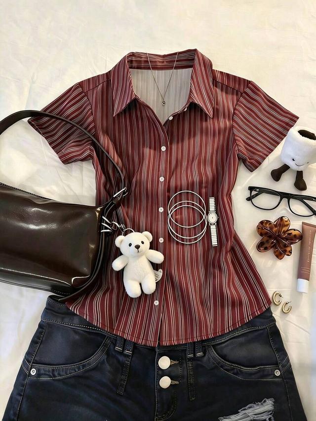 maroon striped casual short sleeve button-up shirt