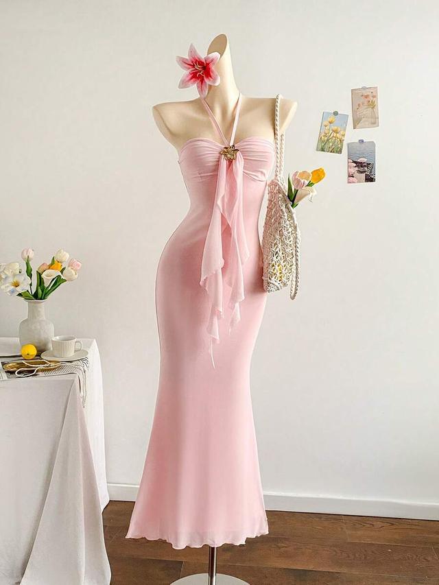 pale pink halter neck maxi dress with ruffle