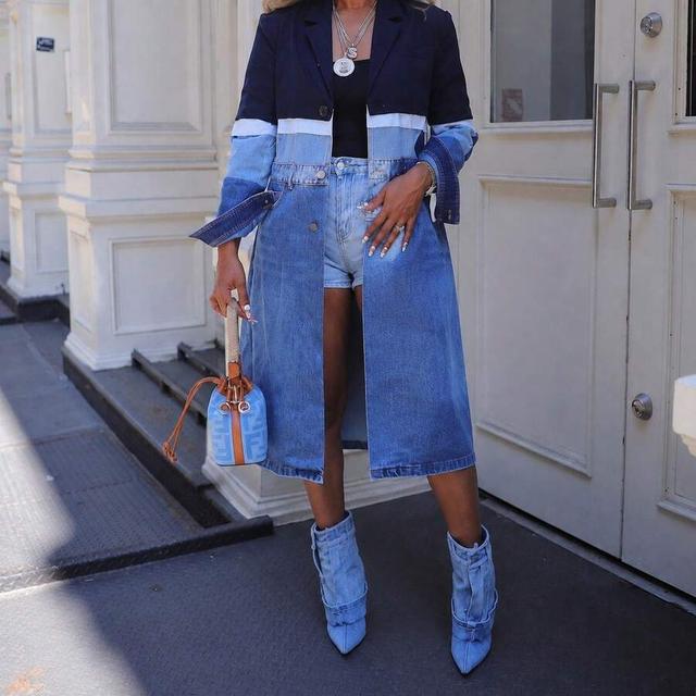 colorblock lapel long sleeve mid length denim trench coat