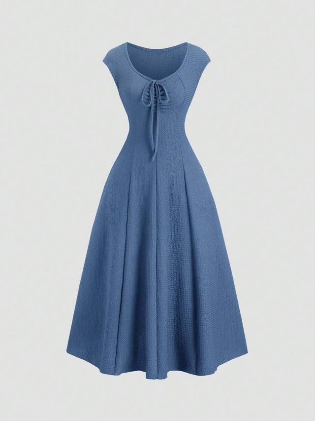 solid blue cinching waist fitted knit midi dress