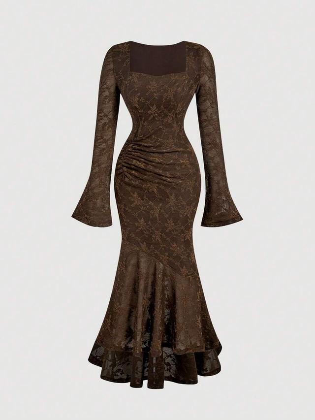textured brown lace square neck long sleeve dress