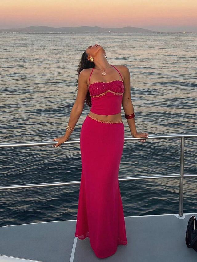 fuchsia chiffon maxi skirt with gold waist trim