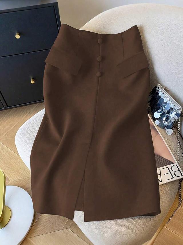 solid brown high-waisted midi skirt with front buttons