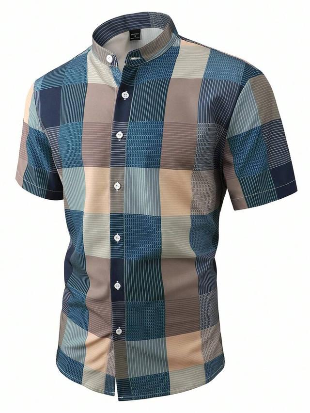 men's blue plaid short sleeve band collar shirt