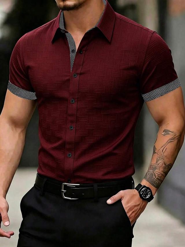 burgundy textured patchwork short sleeve button-up shirt