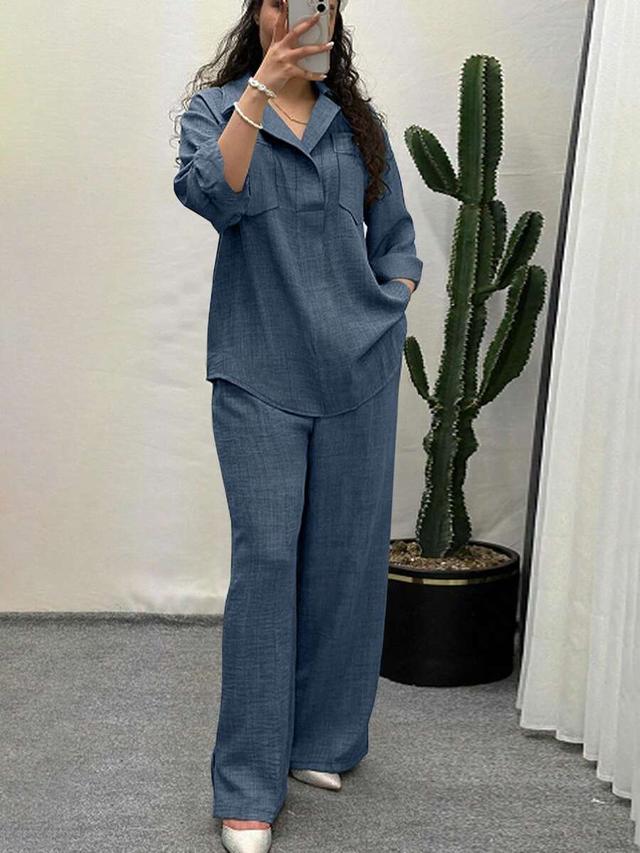 solid blue casual button front two piece set