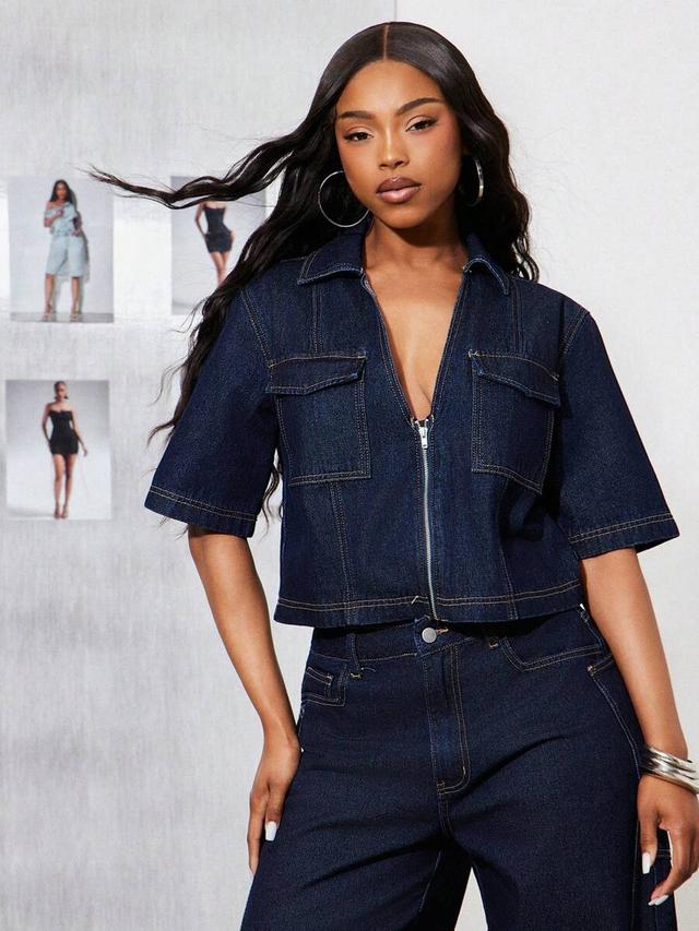 black collared zip front denim top with flap pockets