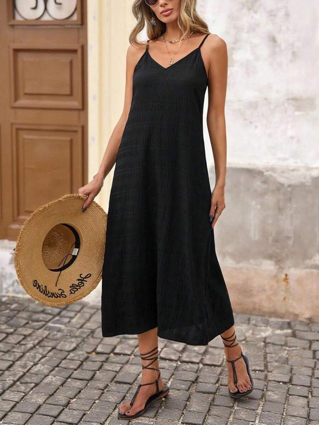 brillora solid black textured spaghetti strap midi dress