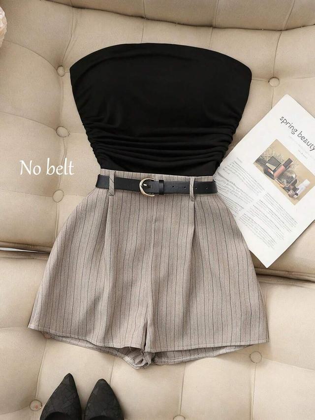 striped pleated shorts and black camisole set