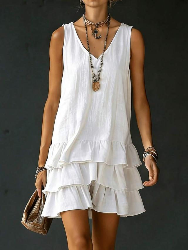 white sleeveless tiered ruffle linen shift dress