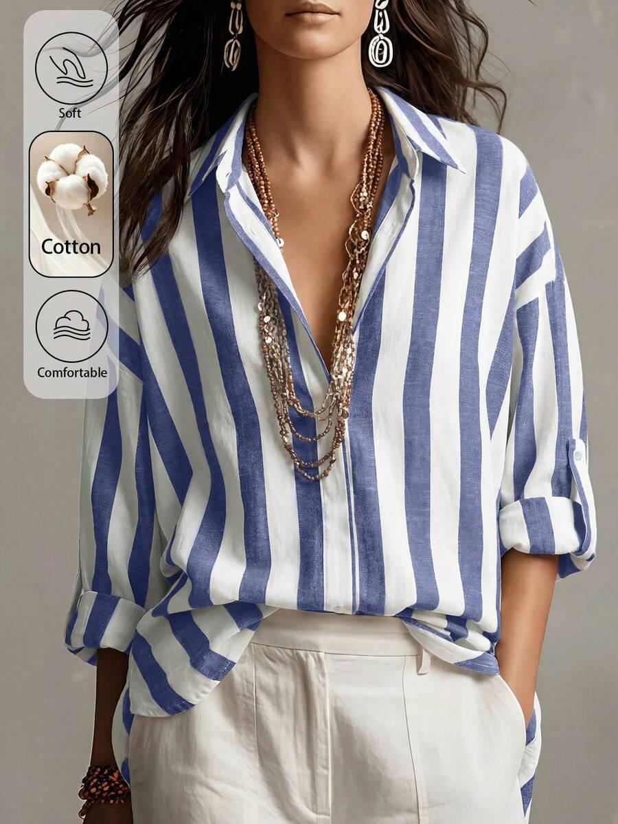 blue and white striped cotton long sleeve blouse