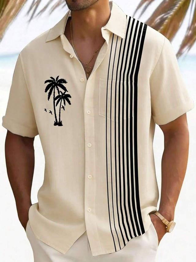 men's casual coconut tree striped print short sleeve shirt