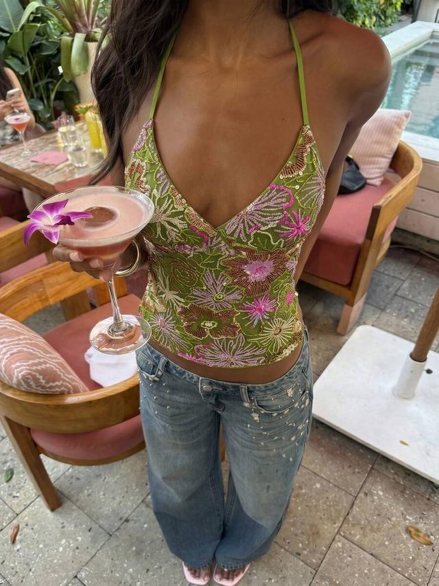 green beaded floral embroidery halter camisole
