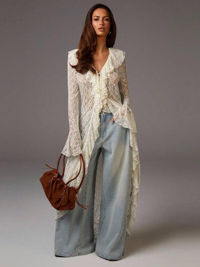 ivory lace ruffle flare sleeve duster dress