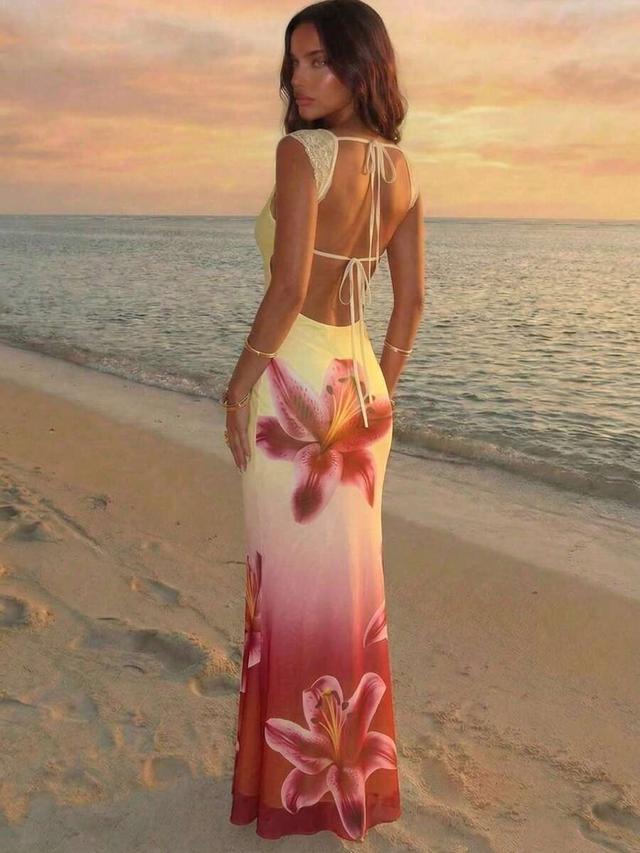 floral ombre mesh backless bodycon dress with lace trim
