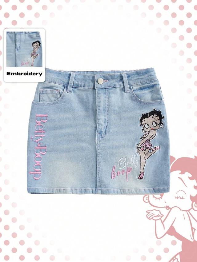 light wash denim mini skirt with betty boop embroidery