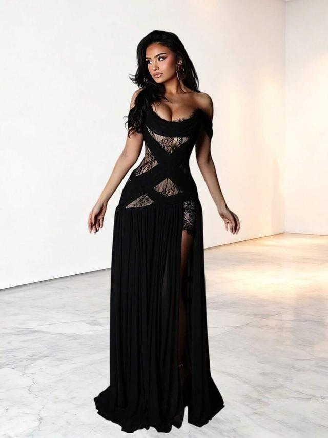 black off-shoulder lace and chiffon evening gown