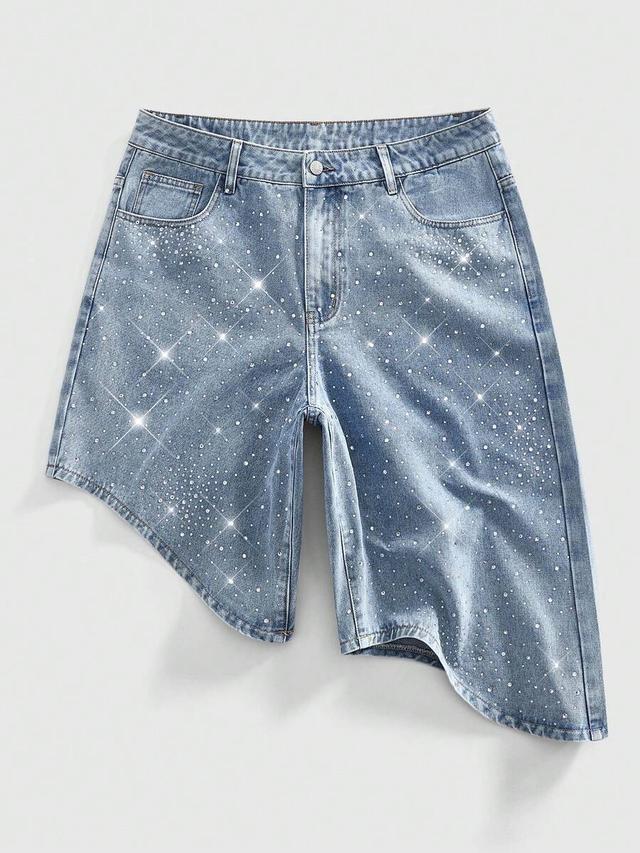 asymmetric denim shorts with rhinestone embellishment