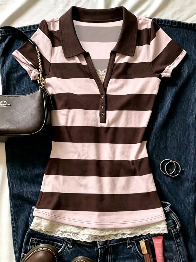 vintage preppy striped v-neck polo shirt