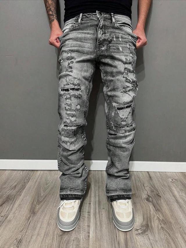 men's skinny fit ripped stretch jeans with flared hem