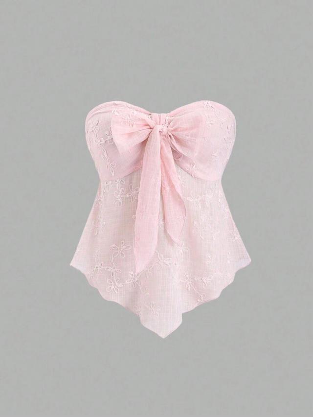 pink textured floral embroidered knot front strapless top
