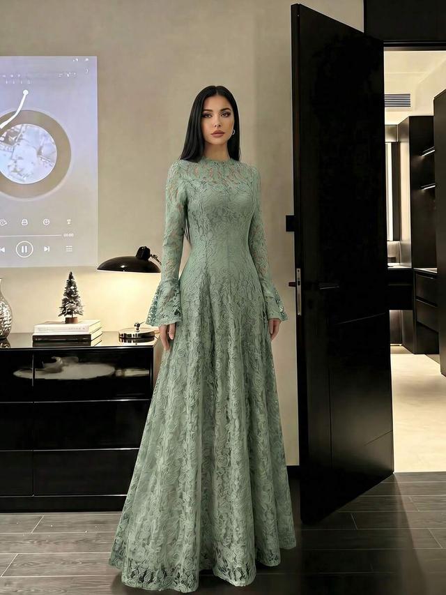 women's elegant sage green lace patchwork mock neck dress