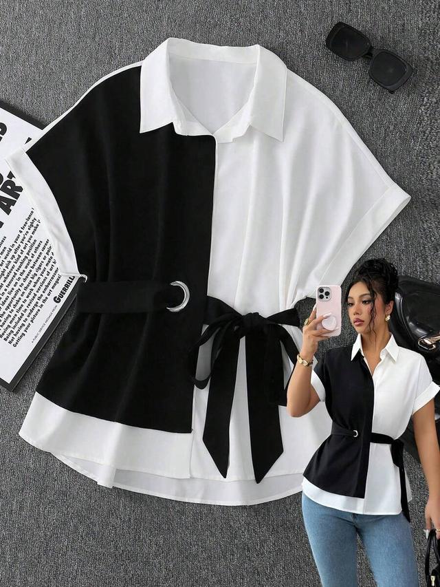black white contrast color shirt with waist bowknot and eyelet