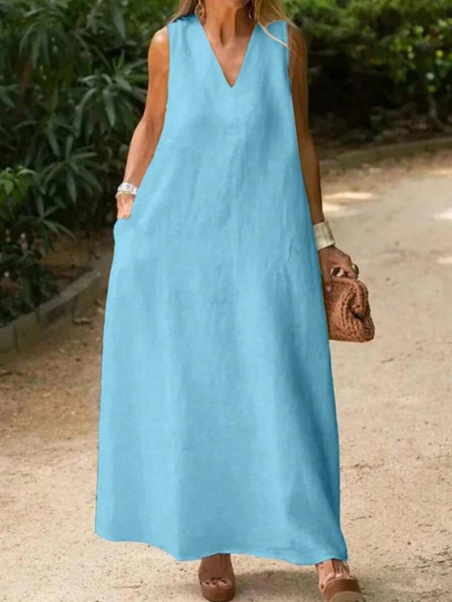 women's solid color loose textured v-neck sleeveless vacation dress
