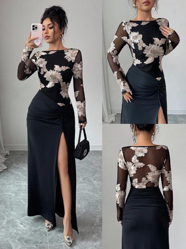 black elegant formal evening long dress with mesh embroidery
